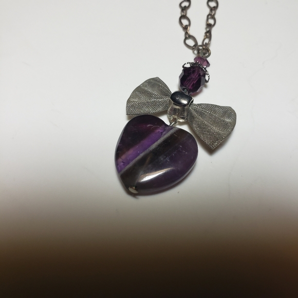 Vintage Amethyst Heart with Silver Mesh Bow Necklace on Sterling - Picture 13 of 14